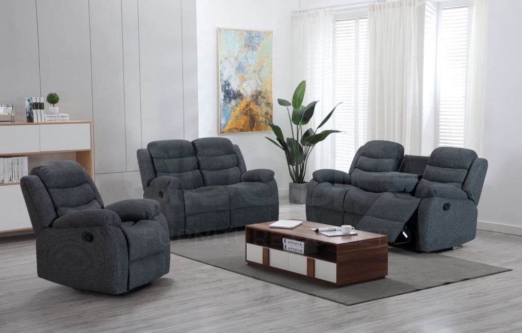 "Lawson" Manual Reclining Charcoal Grey Fabric Sofa Set - Drinks Tray Table