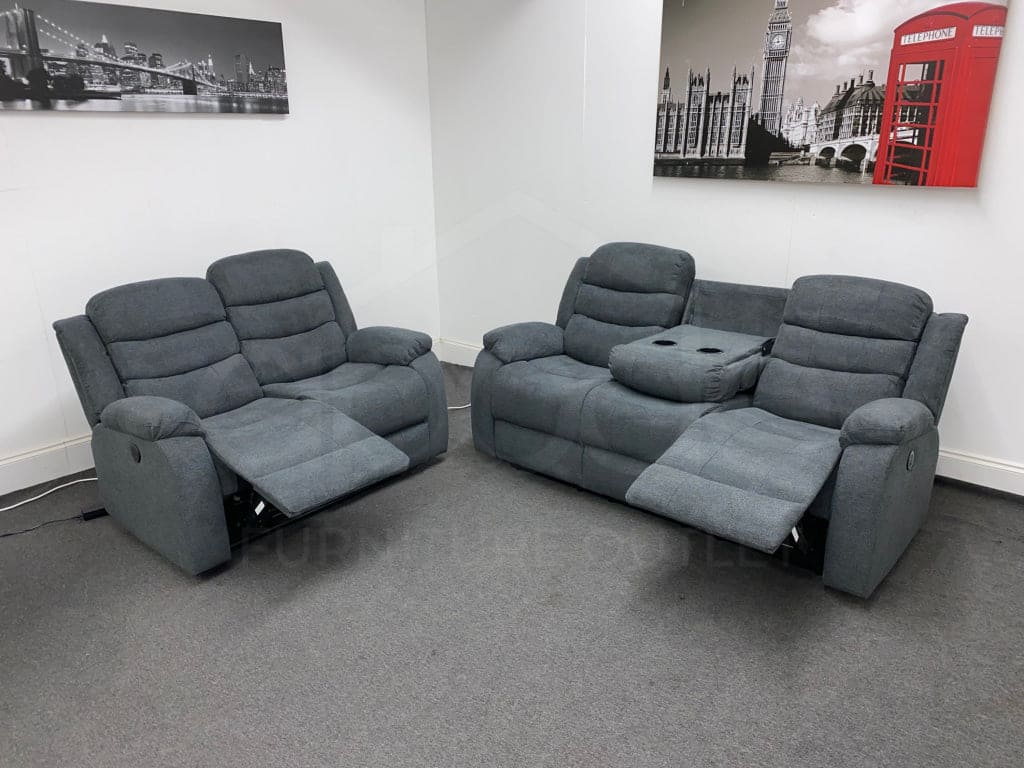 "Lawson" Manual Reclining Charcoal Grey Fabric Sofa Set - Drinks Tray Table