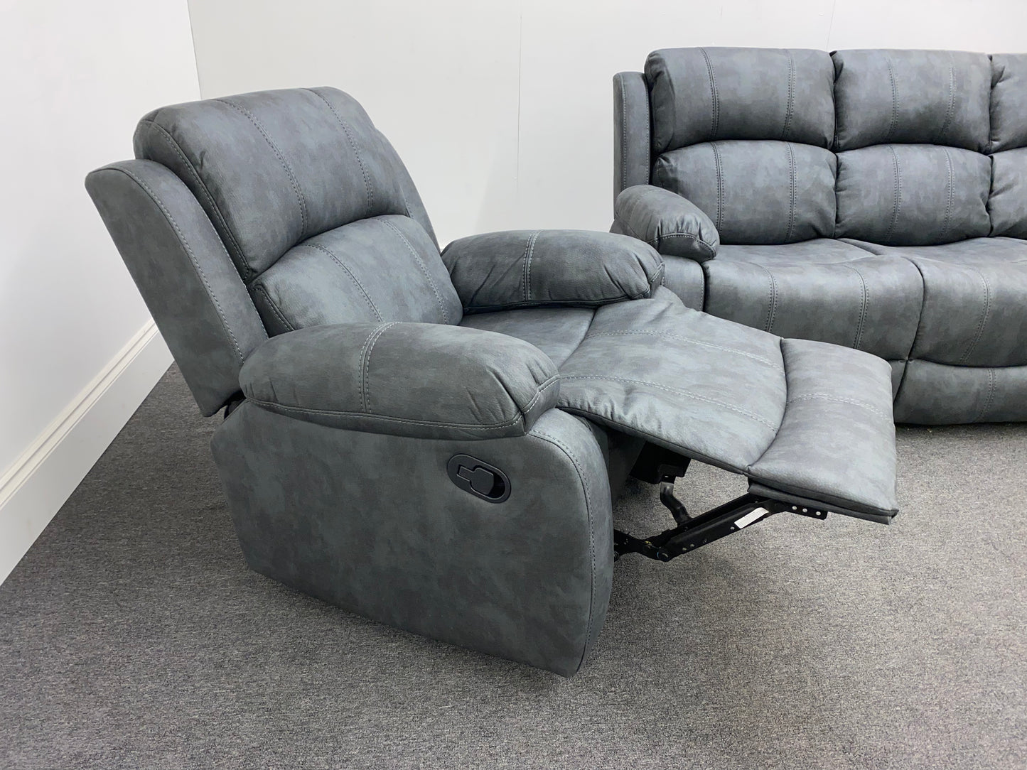 Willow Grey Fabric 3 Seater Sofa + Recliner Armchairs Set