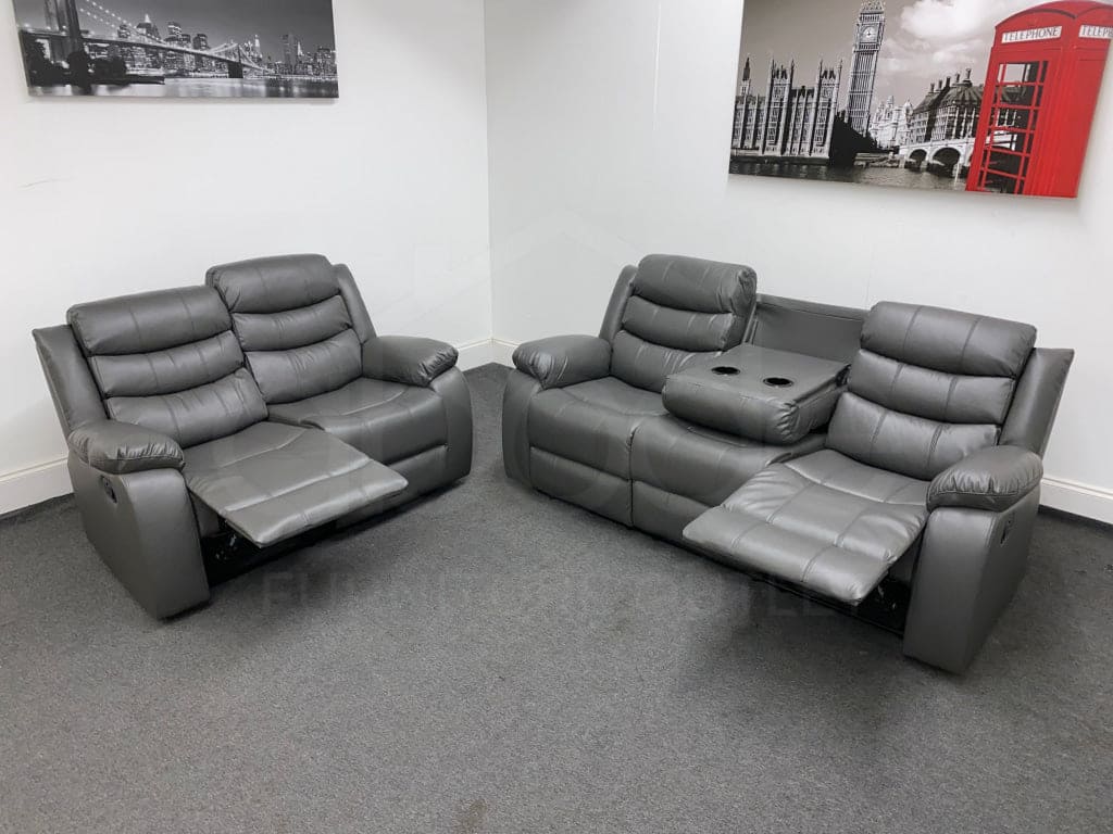 Landos Manual Recliner Grey Leather 3 + 2 Seater Sofa Set