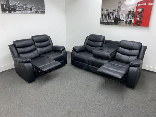 Landos Recliner Black Leather 3 + 2 Seater Sofa Set - Drinks Tray Table