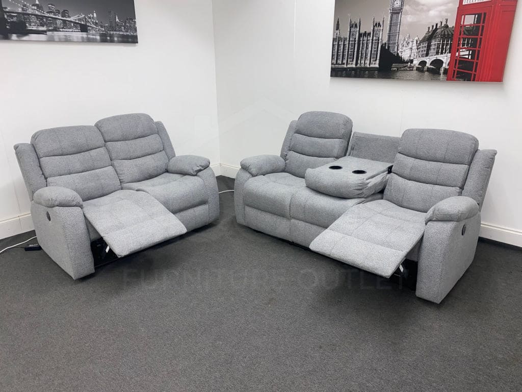 "Lawson" Electric / Power Reclining Grey Fabric Sofa Set - USB Charging & Drinks Tray Table