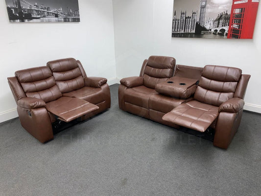 Landos Manual Recliner Brown Leather 3 + 2 Seater Sofa Set