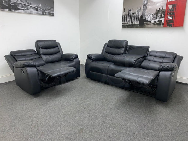 Landos Recliner Black Leather 3 + 2 Seater Sofa Set - Drinks Tray Table