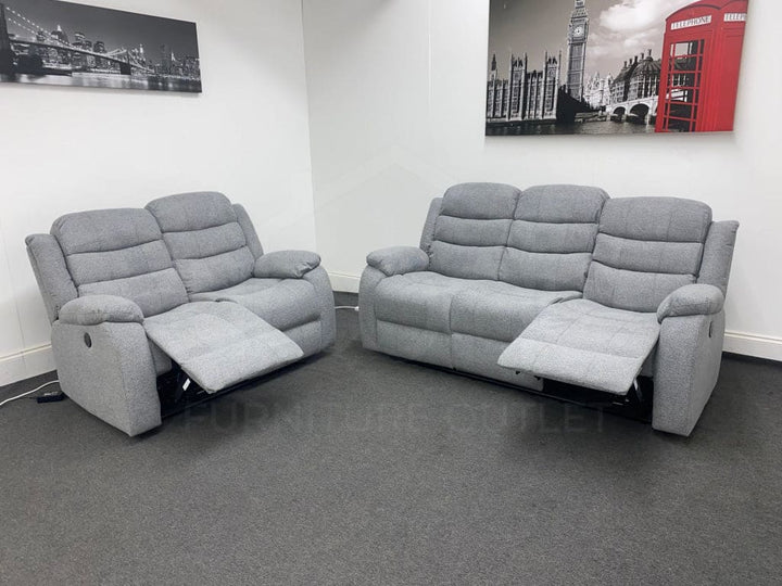 "Lawson" Electric / Power Reclining Grey Fabric Sofa Set - USB Charging & Drinks Tray Table