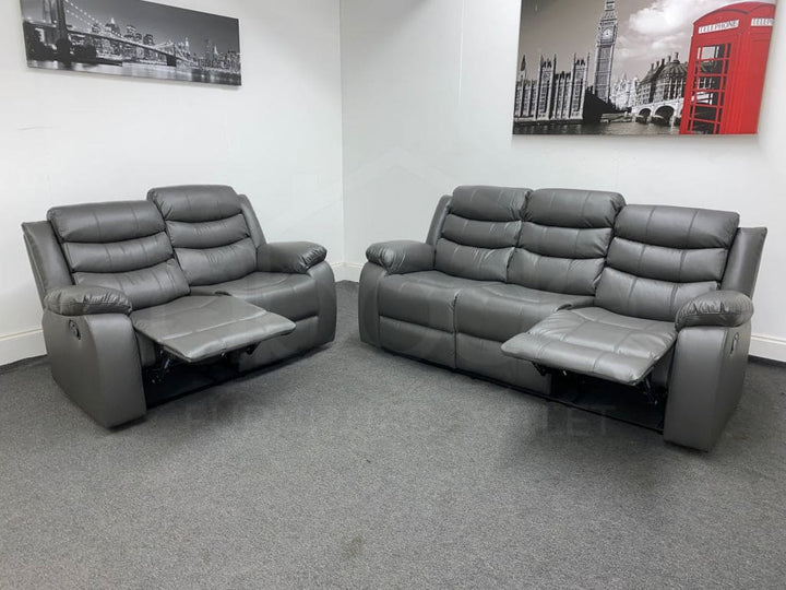 Landos Manual Recliner Grey Leather 3 + 2 Seater Sofa Set