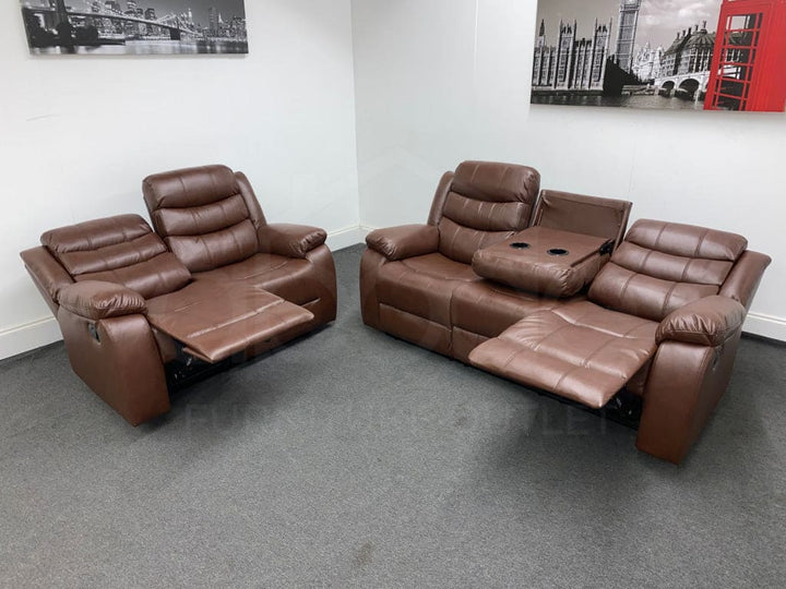 Landos Manual Recliner Brown Leather 3 + 2 Seater Sofa Set