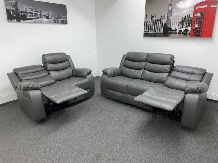 Landos Manual Recliner Grey Leather 3 + 2 Seater Sofa Set