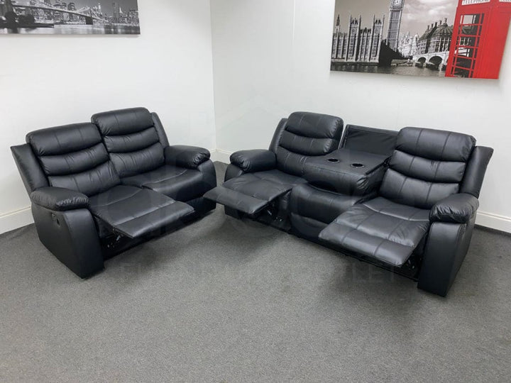 Landos Recliner Black Leather 3 + 2 Seater Sofa Set - Drinks Tray Table